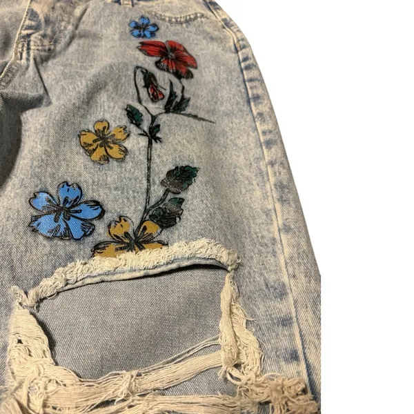 Light Blue Floral Distressed Wide Leg Jeans Size XL (29” Waist) - Image 6