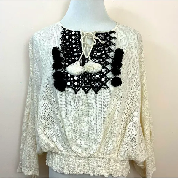 Anthropologie Vineet Bahl Iona Peasant Top Cream Lace Crochet M - Image 2