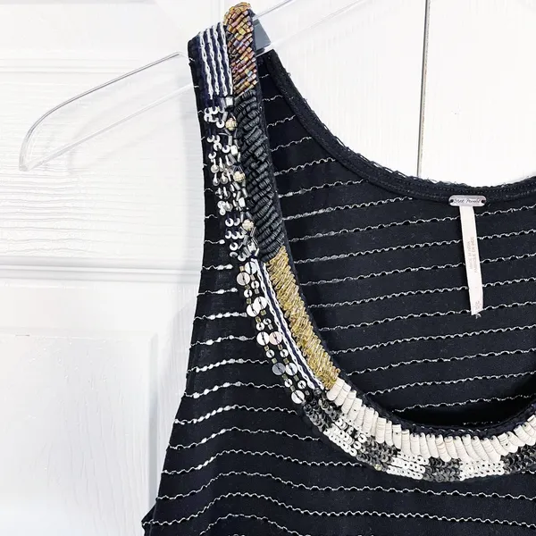 Free People Aztec Louie Beaded Split Back Tank Top Black Boho Festival Y2K Indie - Image 2