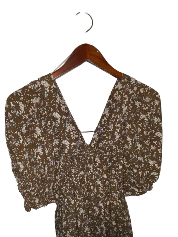 Millibon Brown Floral V-Neck Puff Sleeve mini cottagecore summer day Dress - Image 5