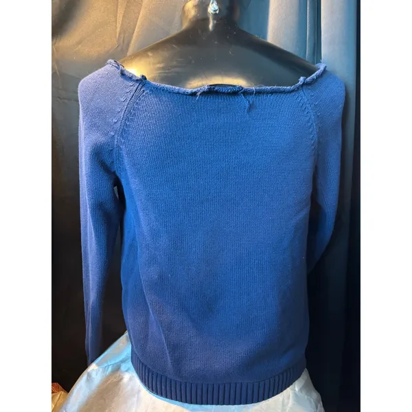 Lands End Drifter Womens XL Blue Cable Knit Cotton Sweater Raw Neck Distressed - Image 2
