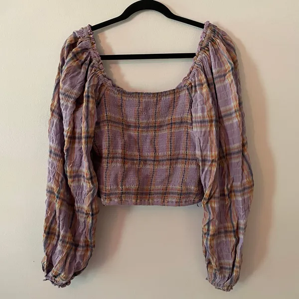 Free People Purple Plaid Puff Sleeve Babydoll Blouse Cropped Women's size Large - Image 7