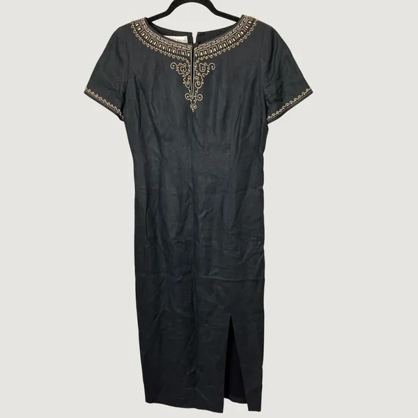 Maggy London 100% Linen Black Embroidered Maxi Dress Short Sleeve Size 8 - Image 2