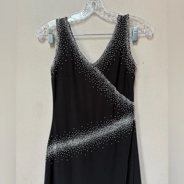 Vintage 90s Black Beaded Midi Dress Asymmetrical Formal Prom Wedding Guest M - Image 2