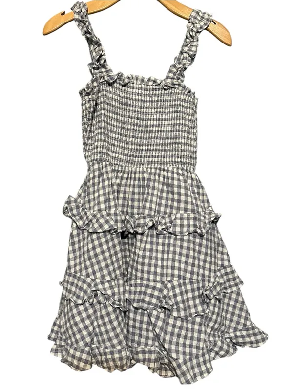 Mable Women’s Size M Blue White Gingham Smocked Tie Back Ruffle Mini Dress - Image 4