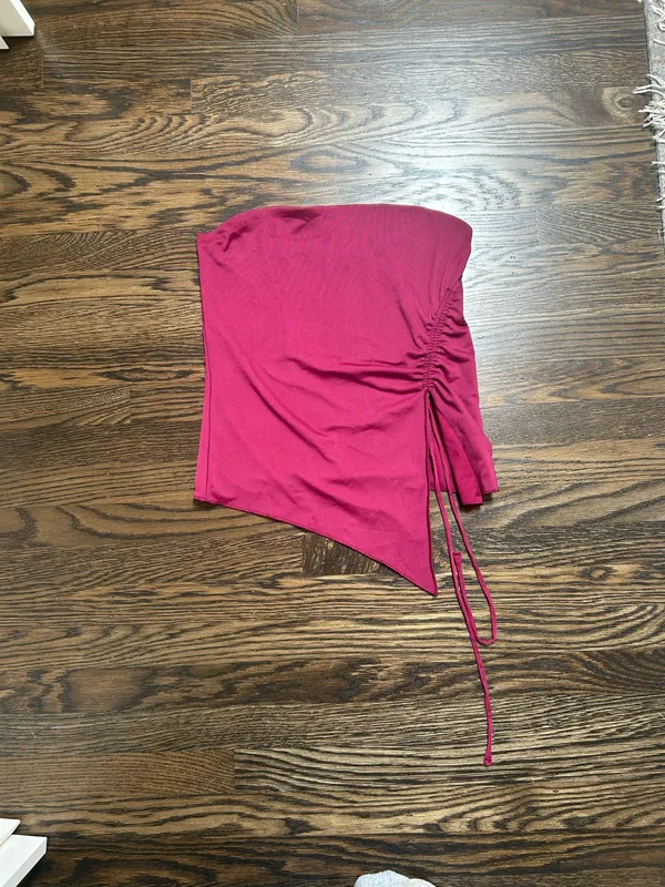 Garage burgundy Shirred Asymmetric Tube Top with tie detail - Image 3