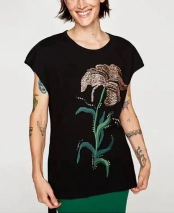 NWT Zara Women’s T-shirts Floral Sequins Black Sleeveless Size S - Image 9