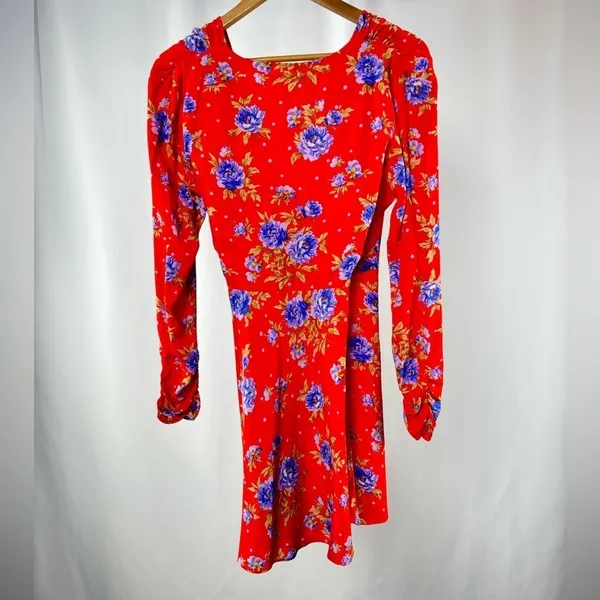 Zara Floral Long Sleeve Mini Wrap Dress in Red‎ Size Medium - Image 5