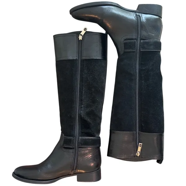 Tory Burch Tenley Riding Boots Black Leather Suede Gold T Logo Sz 8 - Image 6