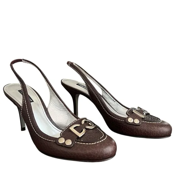Dolce & Gabbana Women’s Vintage Y2K Brown Round Toe Silver Logo Pump Heels 38 - Image 2