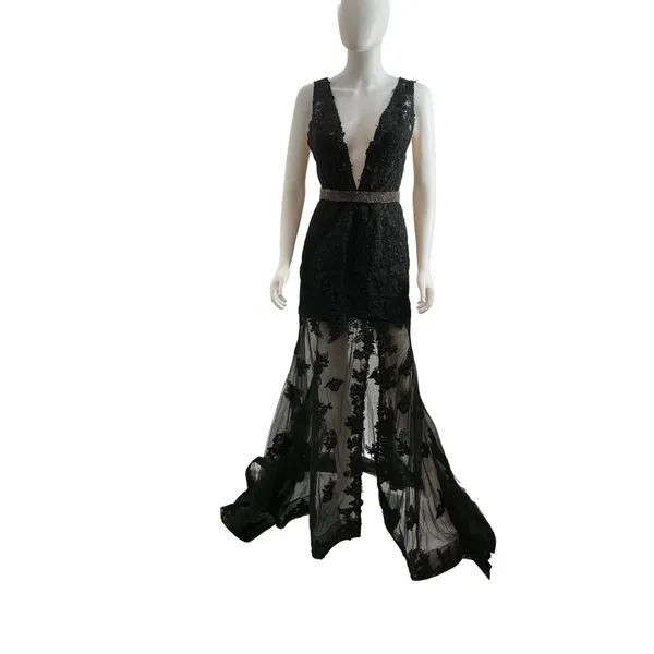 Sherri Hill Black Lace Plunging V-Neck Beaded Waist Formal Gown Dress Size 4 - Image 2