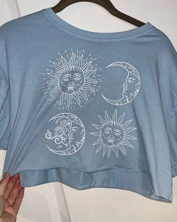 SHEIN Baby Blue Cropped Short Sleeve Tshirt Sun Moon Cloud Boho Size Medium - Image 5
