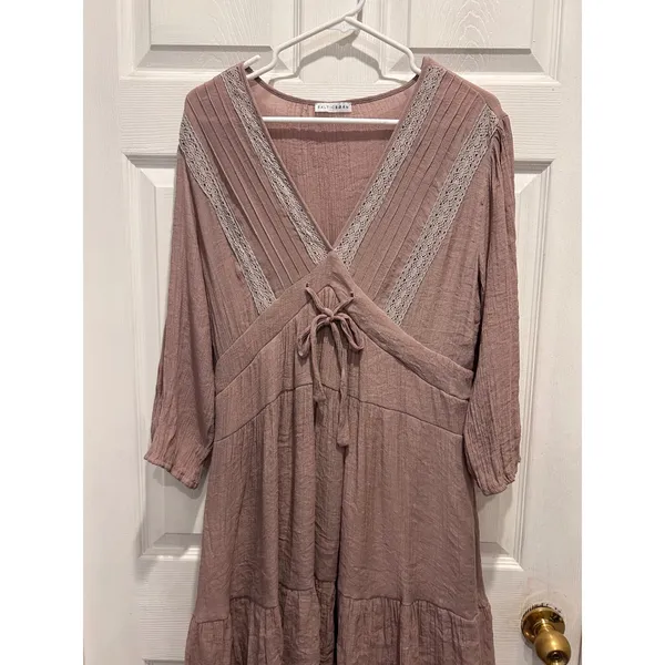 Baltic Born Amelia Dress Mauve Dusty Lavender Lace Trim Mini XL Boho‎ Ruffle Hem - Image 4