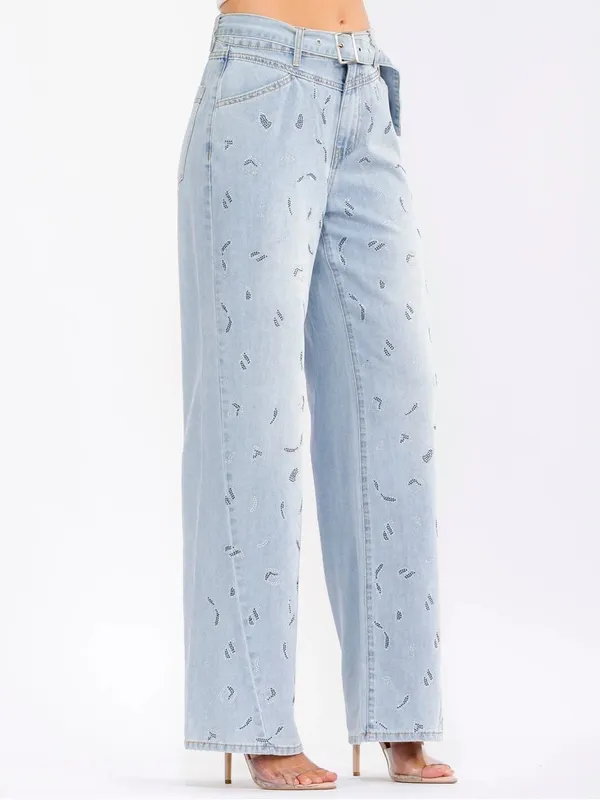Nordstrom WOMEN'S BUTTON CLOSURE POCKETS RHINESTONES BELTED WIDE LEG DENIM PANTS - Image 2