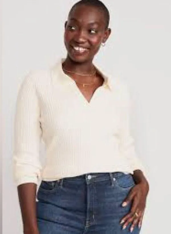Old Navy Rib-Knit Johnny Collar Sweater Top (Sz XXL) White Ribbed Long Sleeve - Image 3