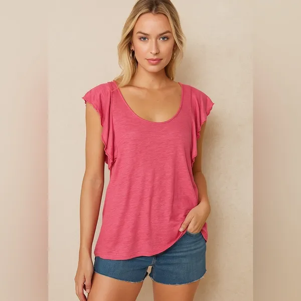 Stark x‎ Pink Linen Flutter Sleeves Scoop Neck Relaxed Fit Top Size XS - Image 8