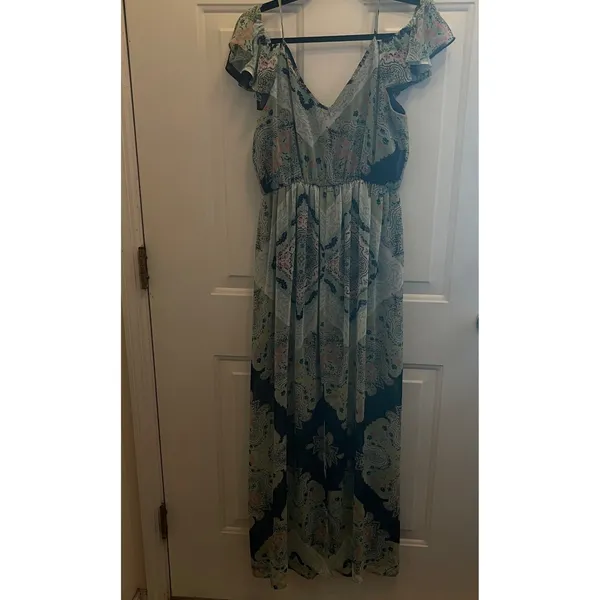 Lily Rose Teal Navy Paisley Cold Shoulder Maxi‎ Dress Ruffle V-Neck Boho Medium - Image 4