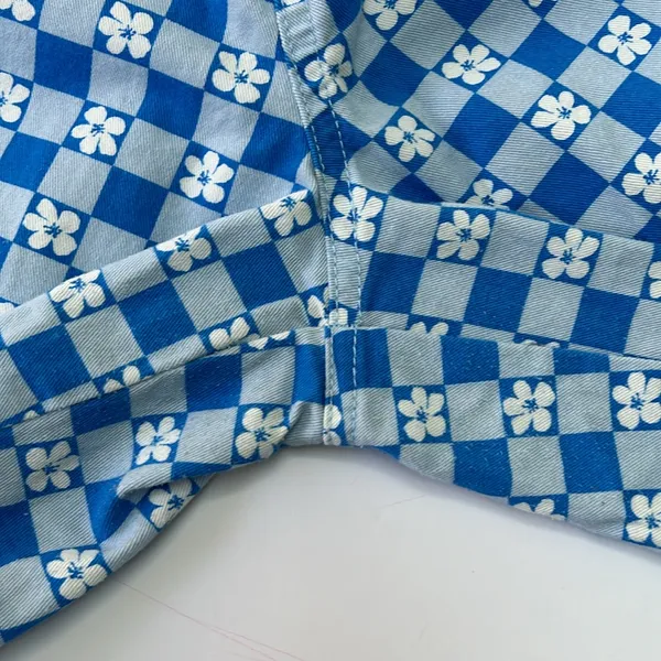 Wild fable pull on wide leg high rise pants retro blue white check with flowers - Image 14