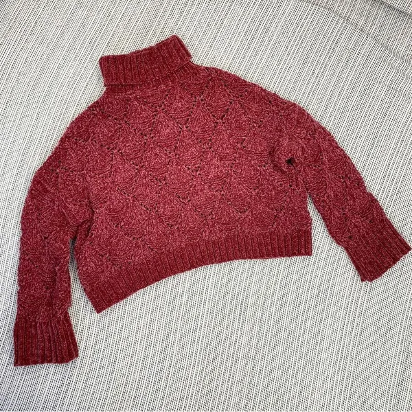 POL Chenille‎ Chunky Knit Turtleneck Crop Pullover Maroon Red Medium - Image 13