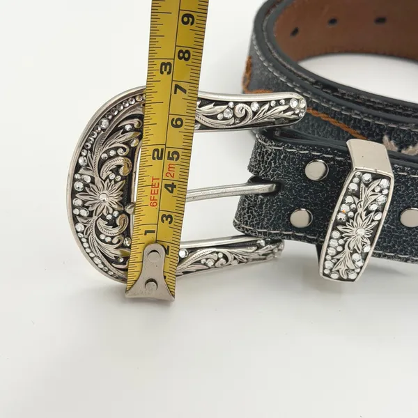 Nocona Size S Black Leather Floral Embroidered Rhinestone Western Cowgirl Belt - Image 10