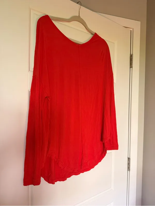 Free People Vibrant Red Long-Sleeve V-Neck Top - Image 3
