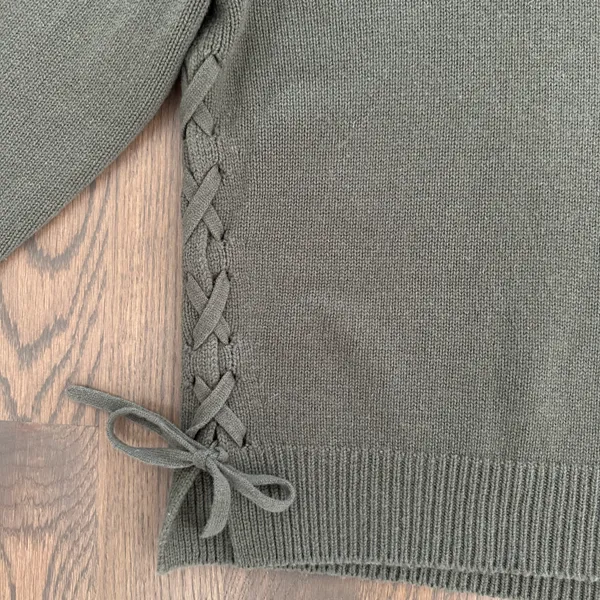 Vince 100% Cashmere Crew Neck Side Tie Long Sleeve Relaxed Fit Sweater Olive XS - Image 3