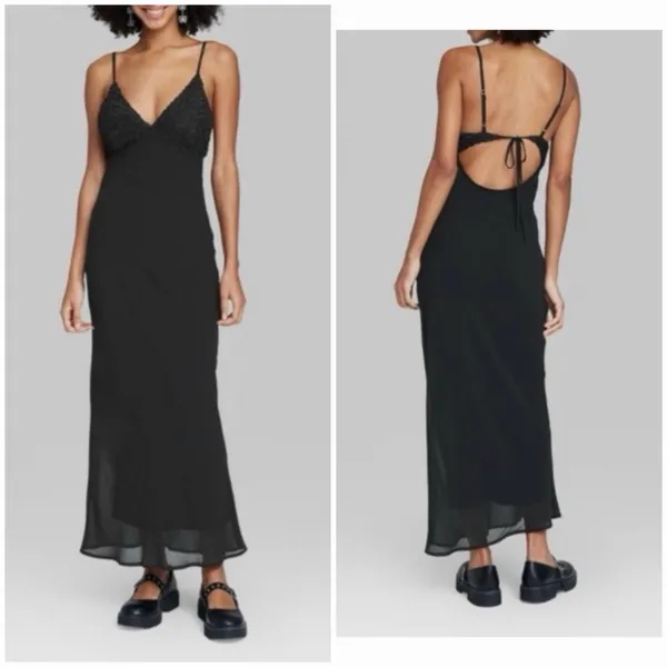 Wild Fable Black Floral Maxi Dress Open Back Tie Women’s Size S NWT - Image 2