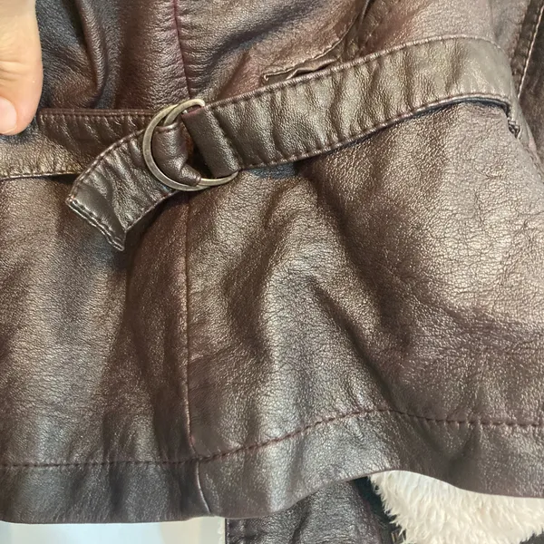 Vintage Blanc Noir Brown Leather Fur Full Zip Button Collar Bomber Jacket Large - Image 5