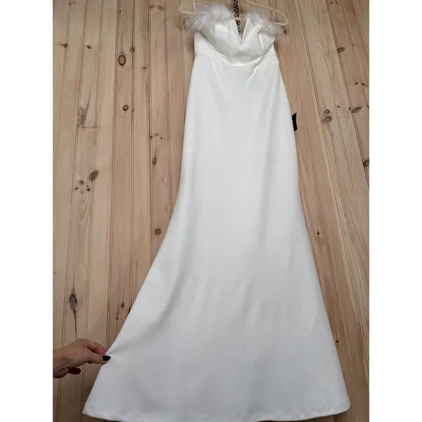 NWT Lulus Extraordinary Glam White Feather Strapless Mermaid Maxi Dress Bride L - Image 5