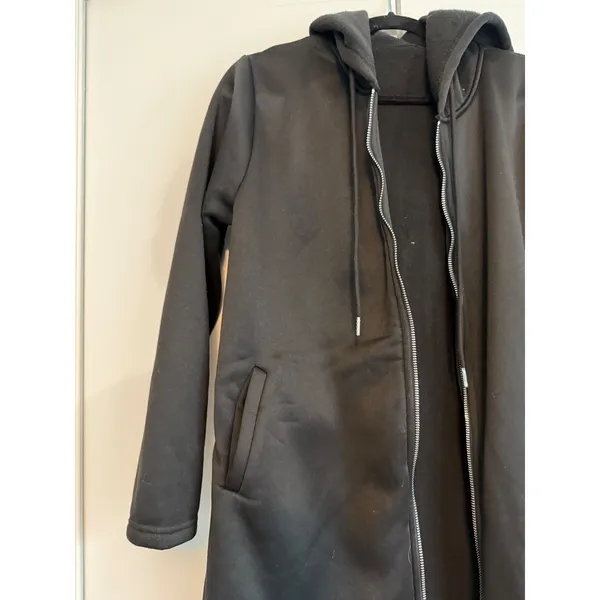 Womens Black Scuba Fleece Lined Longline Zip Up Hooded‎ Jacket Tulip Hem Size L - Image 5