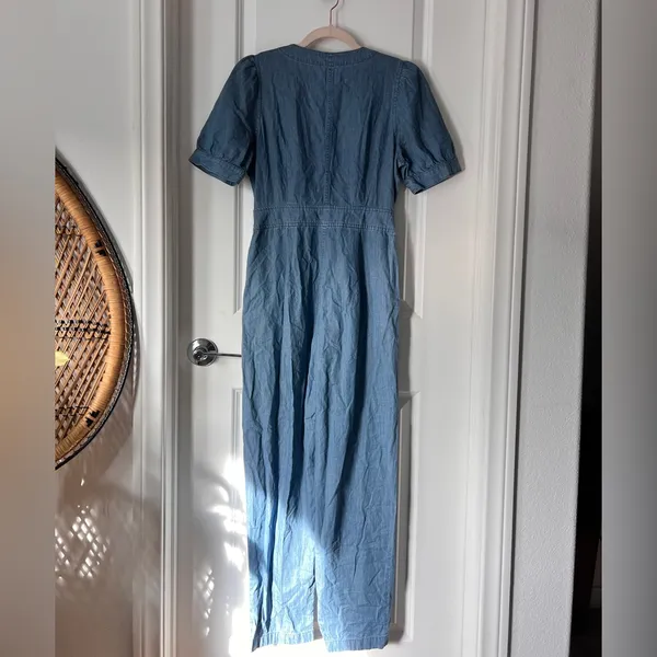 Madewell Blue Denim Jumpsuit Cotton Blend size‎ 0 Puff Sleeve Button Front - Image 7