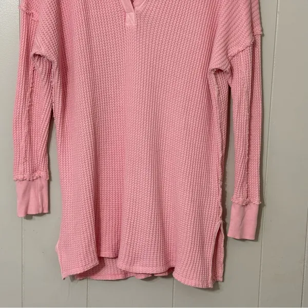 Free People We The Free Travis Waffle Knit Thermal Top Pink XS Oversized - Image 3