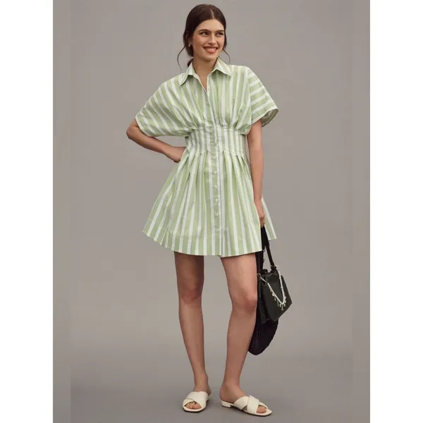 Exquise Tobie Green Striped Button Front Pleated Mini Shirtdress Medium New NWT - Image 2