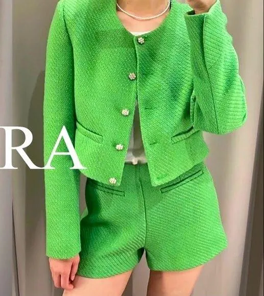 Zara Tweed Weave Structured High Waist Shorts Green Size S New - Image 2