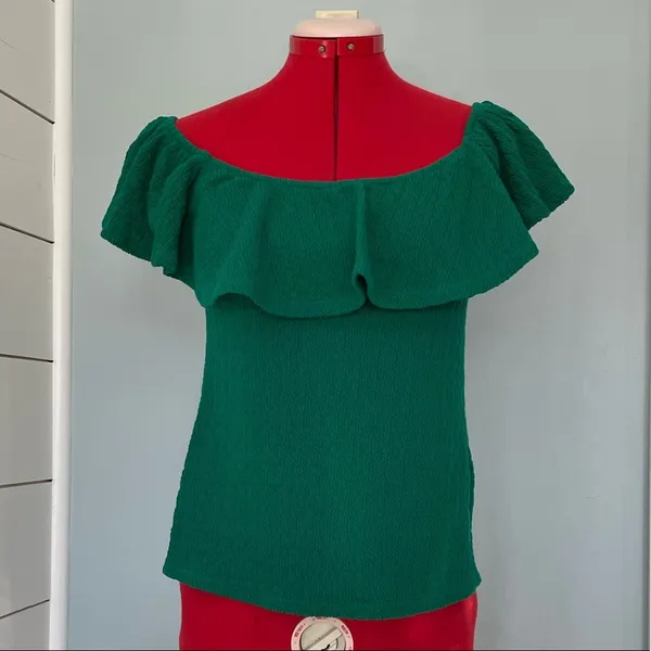 Anthropologie Off Shoulder Ruffle Green Top Sz XS - Image 3