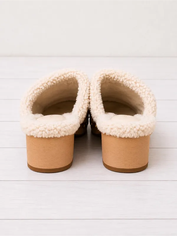 Caslon Cozy Sherpa-Lined Gold Studded Cognac Brown Suede Mule Clog Shoes Size 9 - Image 4