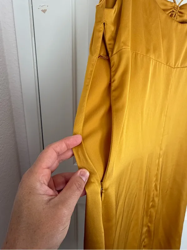 Zara Mustard Satin Midi Slip Dress‎ with Ruched Front Size Large - Image 4