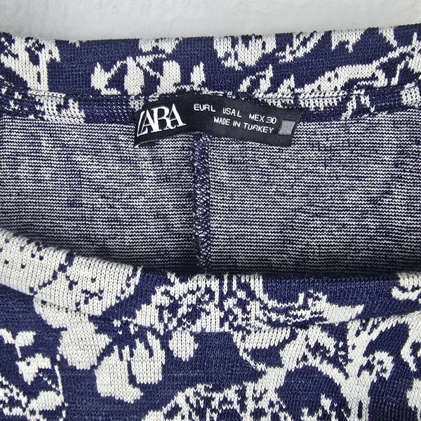 ZARA Floral Print Long‎ Sleeve Mini Dress Navy Blue White Puff Sleeve Large - Image 5