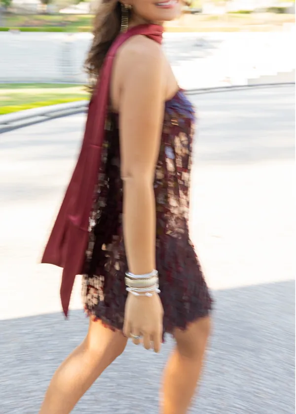 Boutique Dark Red Sequins Triple Threads Dress with Neck Scarf - Image 2