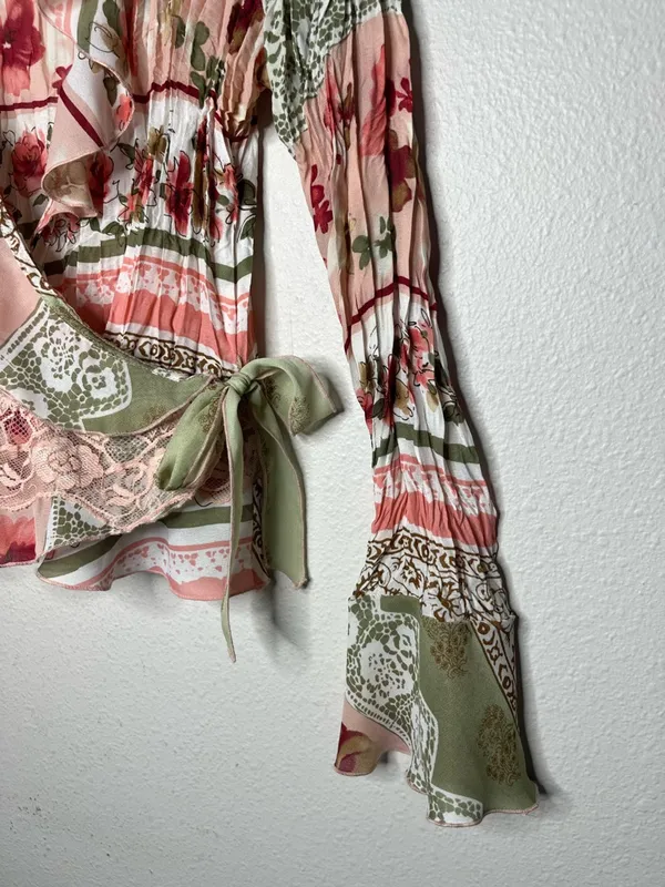 Y2K Vintage Pastel Floral Crinkle Textured Flared Sleeve Wrap Fairycore Blouse - Image 6