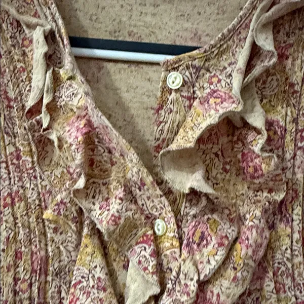 Ralph Lauren BROWN RED FLORAL RUFFLE L BUTTON UP BLOUSE BEIGE 100% COTTON - Image 3