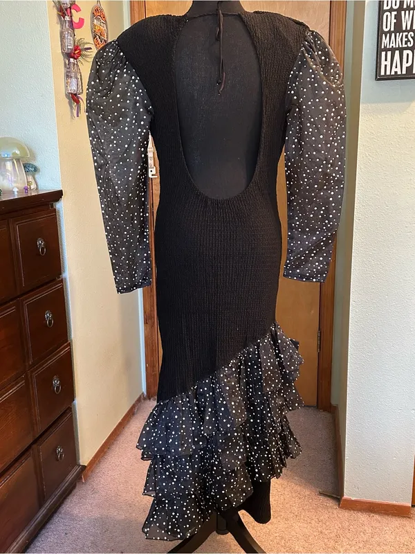 Nuance 80s black textured flamenco style dress chiffon polka dot accents size M - Image 3