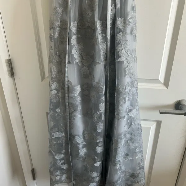 Embroidered Oleg Cassini Long Strapless Silver Dress - Image 4