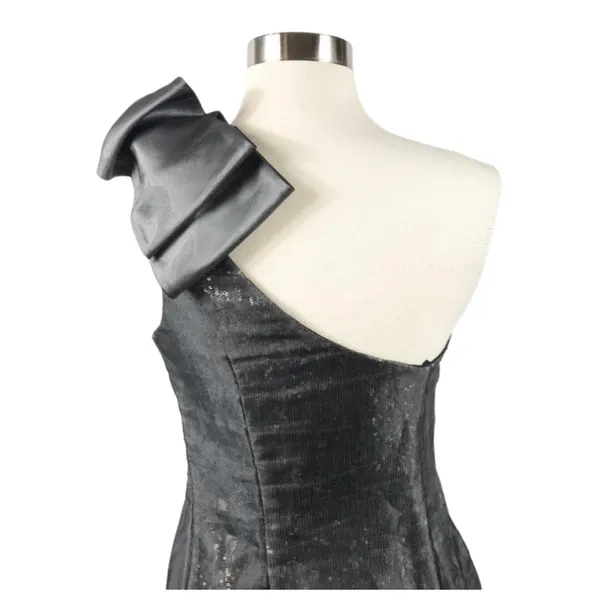 AQUA Cocktail Dress One Shoulder Metallic Silver Pewter Sequins Bow Accent 2 - Image 4