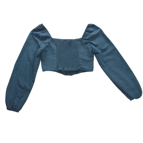 Kirious Los Angeles Teal Corset Crop Top Long Puff Sleeve Smocked Back Small - Image 3