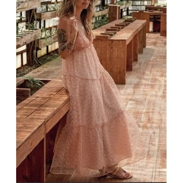 ZARA Organza Pink Peach Floral Maxi Dress Tiered Sundress Summer Vacation Medium - Image 4