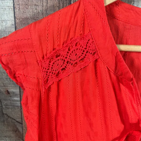 Sonoma Boho Orange Red Tiered Dress XL Tassel Tie Cotton Ruffle Sleeve Lace - Image 2