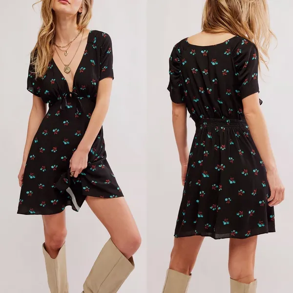 Free People Everyones Favorite Mini Dress‎ Small Black Floral V Neck Bow Zip NWT - Image 2
