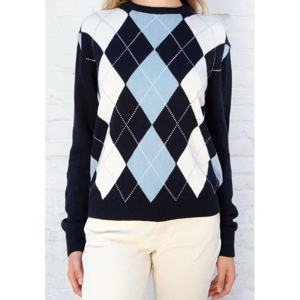 Brandy Melville Blue White Argyle Bernadette‎ Sweater Preppy Y2K Academia 90s - Image 2