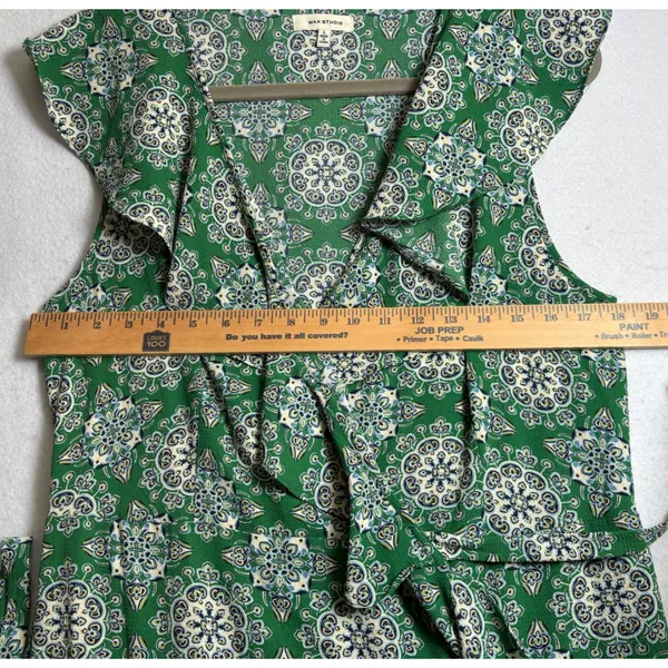 Max Studio Green Mandala Print Ruffle Faux Wrap Maxi Dress Large - Image 8